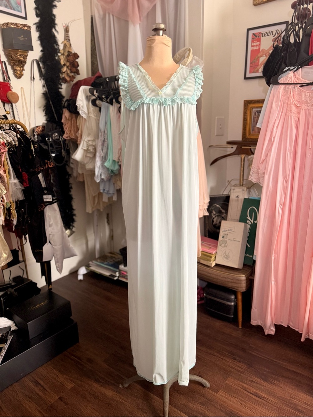 Vintage Blue Nightgown with Lace and Ruffles